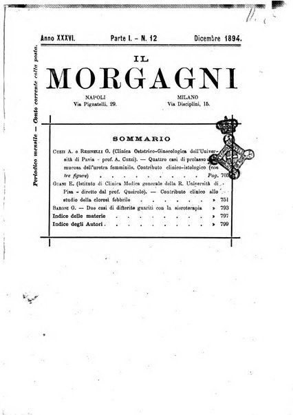 Il morgagni giornale indirizzato al progresso della medicina. Parte 1., Archivio o Memorie originali