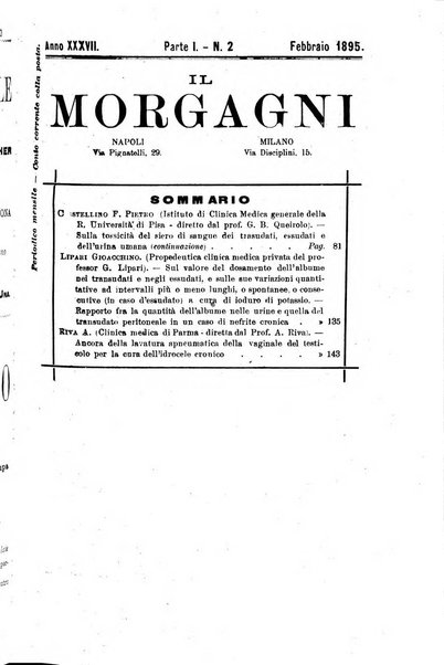 Il morgagni giornale indirizzato al progresso della medicina. Parte 1., Archivio o Memorie originali