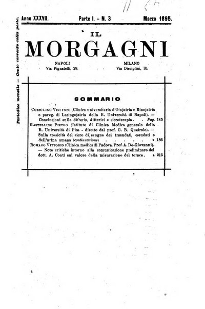 Il morgagni giornale indirizzato al progresso della medicina. Parte 1., Archivio o Memorie originali