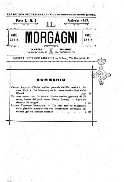 Il morgagni giornale indirizzato al progresso della medicina. Parte 1., Archivio o Memorie originali