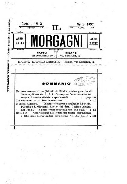 Il morgagni giornale indirizzato al progresso della medicina. Parte 1., Archivio o Memorie originali