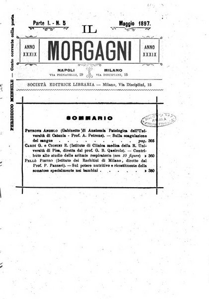 Il morgagni giornale indirizzato al progresso della medicina. Parte 1., Archivio o Memorie originali