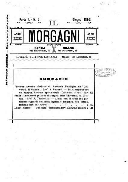 Il morgagni giornale indirizzato al progresso della medicina. Parte 1., Archivio o Memorie originali