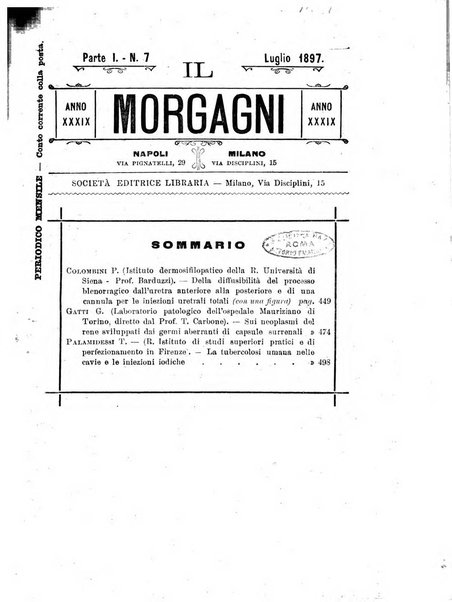 Il morgagni giornale indirizzato al progresso della medicina. Parte 1., Archivio o Memorie originali