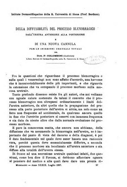 Il morgagni giornale indirizzato al progresso della medicina. Parte 1., Archivio o Memorie originali