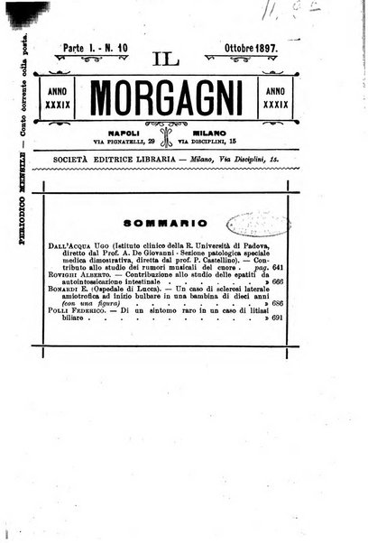 Il morgagni giornale indirizzato al progresso della medicina. Parte 1., Archivio o Memorie originali