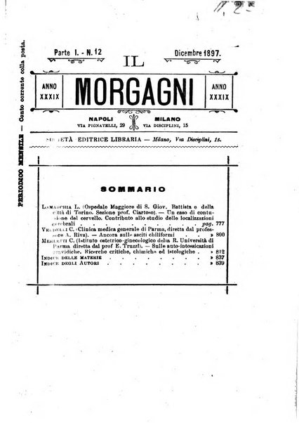 Il morgagni giornale indirizzato al progresso della medicina. Parte 1., Archivio o Memorie originali