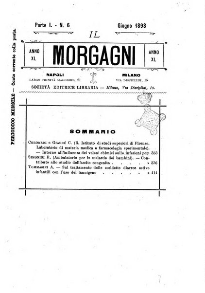 Il morgagni giornale indirizzato al progresso della medicina. Parte 1., Archivio o Memorie originali