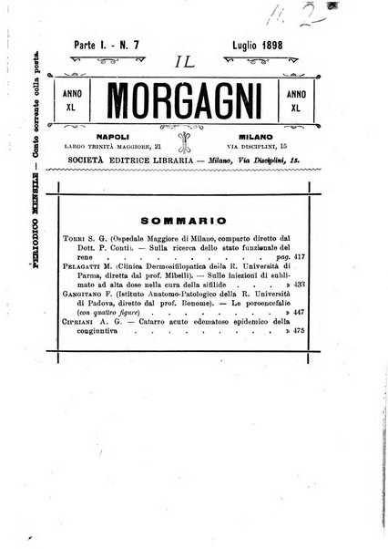 Il morgagni giornale indirizzato al progresso della medicina. Parte 1., Archivio o Memorie originali