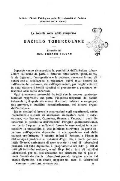 Il morgagni giornale indirizzato al progresso della medicina. Parte 1., Archivio o Memorie originali