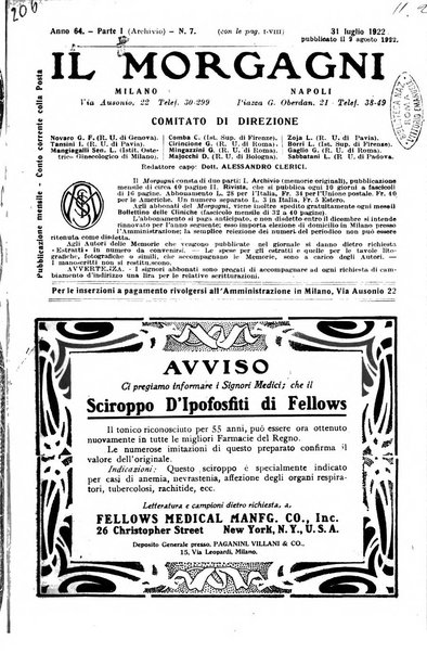 Il morgagni giornale indirizzato al progresso della medicina. Parte 1., Archivio o Memorie originali