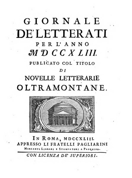 Giornale de'letterati per l'anno ... pubblicato col titolo di Novelle letterarie oltramontane