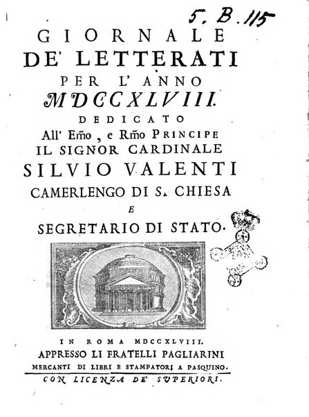 Giornale de'letterati per l'anno ... pubblicato col titolo di Novelle letterarie oltramontane