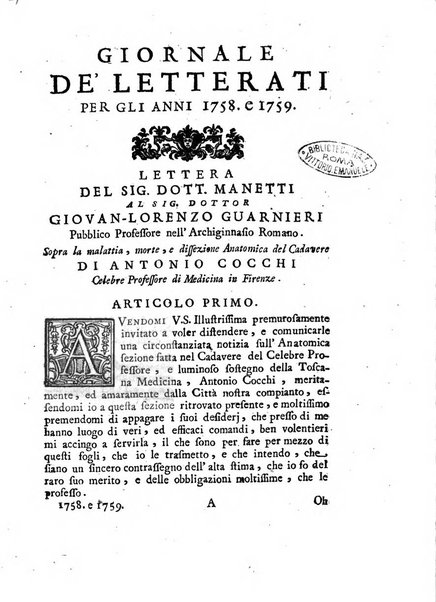 Giornale de'letterati per l'anno ... pubblicato col titolo di Novelle letterarie oltramontane