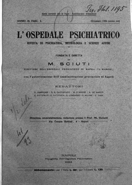 L'ospedale psichiatrico rivista di psichiatria, neurologia e scienze affini