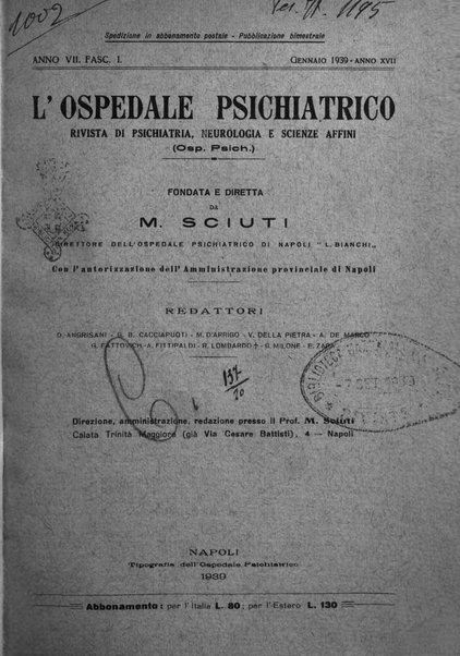 L'ospedale psichiatrico rivista di psichiatria, neurologia e scienze affini