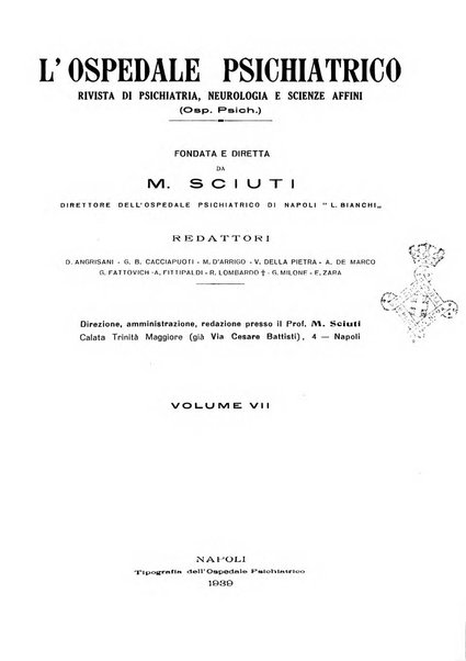 L'ospedale psichiatrico rivista di psichiatria, neurologia e scienze affini