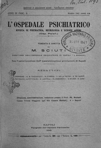 L'ospedale psichiatrico rivista di psichiatria, neurologia e scienze affini