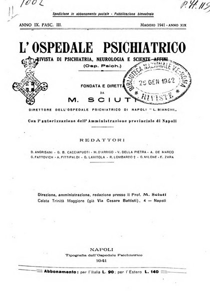 L'ospedale psichiatrico rivista di psichiatria, neurologia e scienze affini