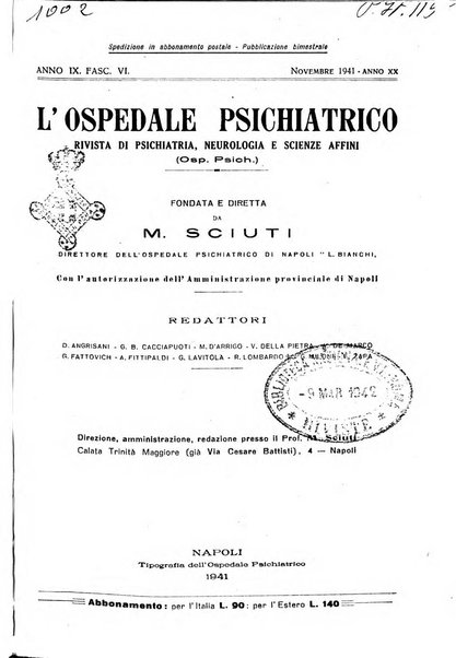 L'ospedale psichiatrico rivista di psichiatria, neurologia e scienze affini