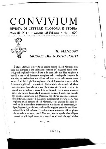 Convivium rivista di lettere filosofia e storia