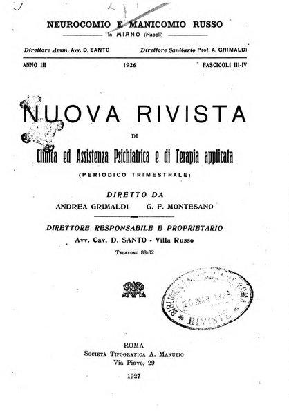 Nuova rivista di clinica ed assistenza psichiatrica e di terapia applicata