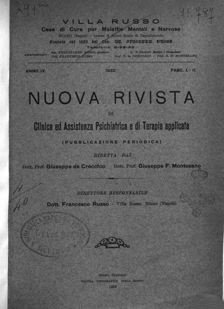 Nuova rivista di clinica ed assistenza psichiatrica e di terapia applicata