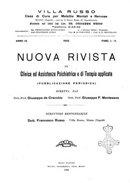 Nuova rivista di clinica ed assistenza psichiatrica e di terapia applicata