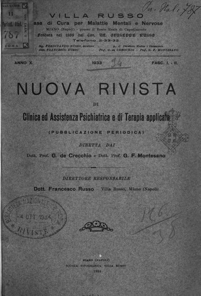 Nuova rivista di clinica ed assistenza psichiatrica e di terapia applicata