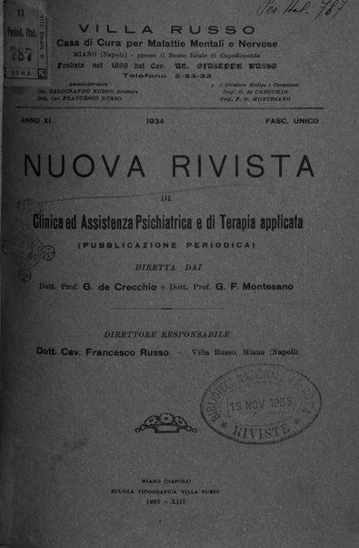 Nuova rivista di clinica ed assistenza psichiatrica e di terapia applicata