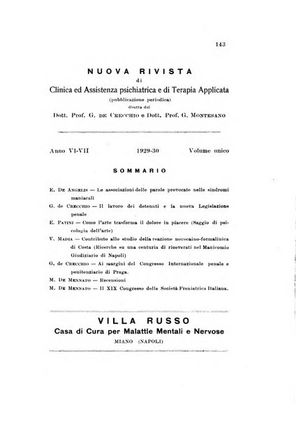 Nuova rivista di clinica ed assistenza psichiatrica e di terapia applicata