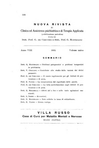 Nuova rivista di clinica ed assistenza psichiatrica e di terapia applicata