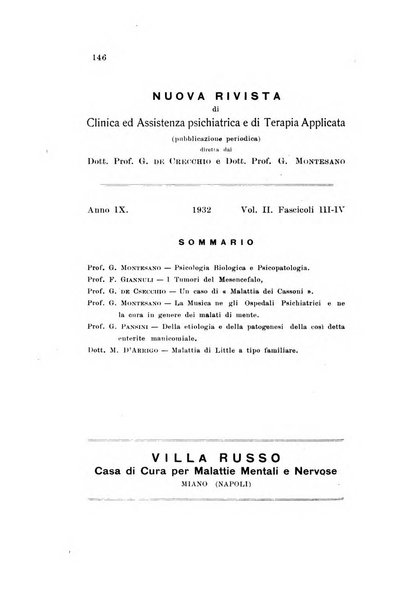 Nuova rivista di clinica ed assistenza psichiatrica e di terapia applicata