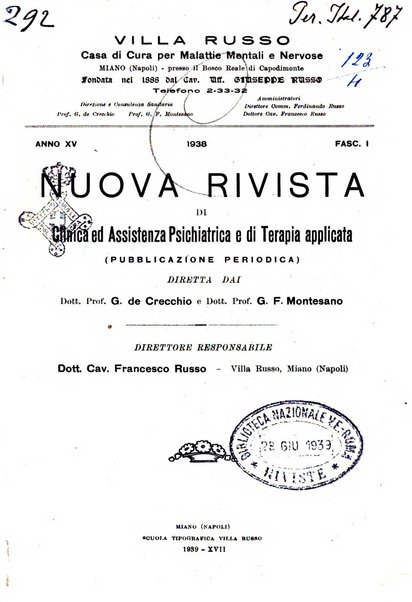 Nuova rivista di clinica ed assistenza psichiatrica e di terapia applicata