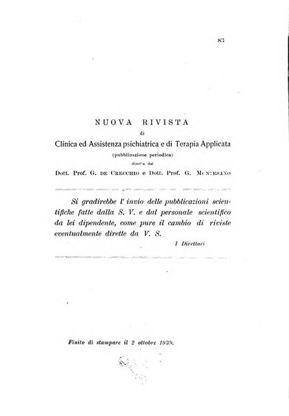 Nuova rivista di clinica ed assistenza psichiatrica e di terapia applicata