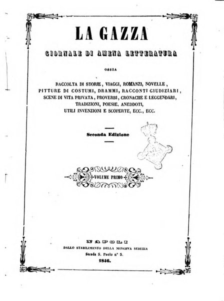 La gazza giornale di amena letteratura, ossia raccolta di storie, viaggi, romanzi, novelle ...