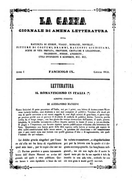 La gazza giornale di amena letteratura, ossia raccolta di storie, viaggi, romanzi, novelle ...