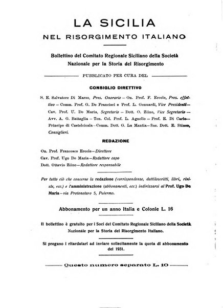 La Sicilia nel Risorgimento italiano bollettino semestrale del Comitato regionale siciliano della Societa nazionale per la storia del risorgimento italiano