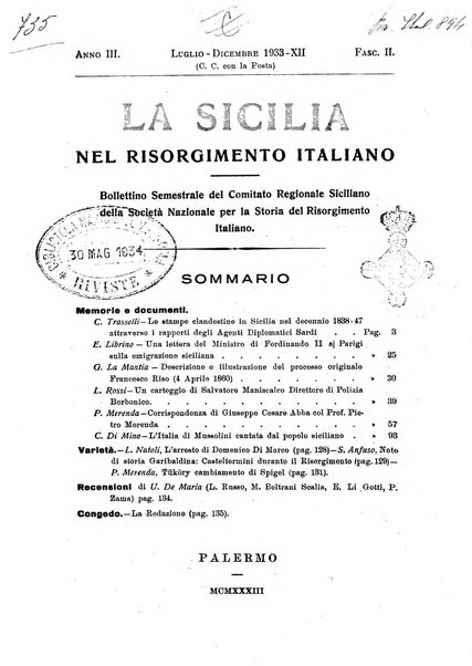 La Sicilia nel Risorgimento italiano bollettino semestrale del Comitato regionale siciliano della Societa nazionale per la storia del risorgimento italiano