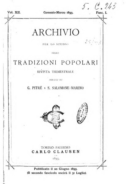 Archivio per lo studio delle tradizioni popolari rivista trimestrale