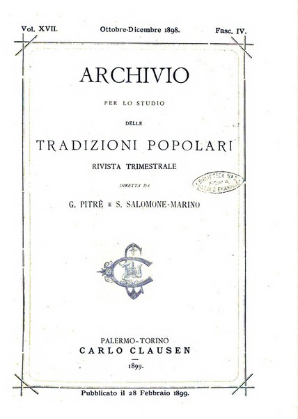 Archivio per lo studio delle tradizioni popolari rivista trimestrale