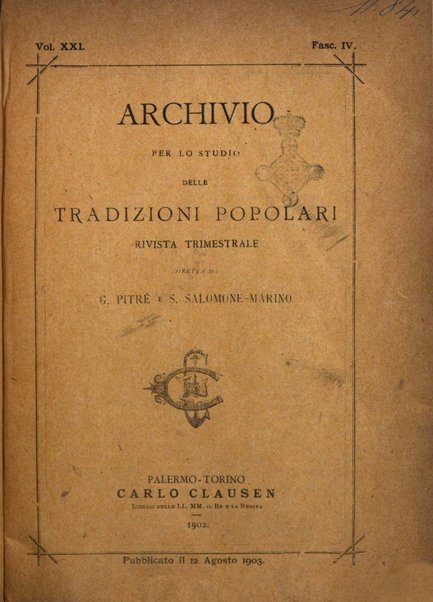 Archivio per lo studio delle tradizioni popolari rivista trimestrale