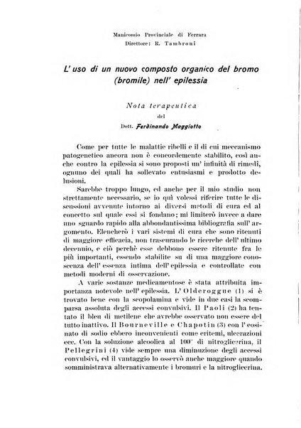 Note e riviste di psichiatria Manicomio provinciale di Pesaro