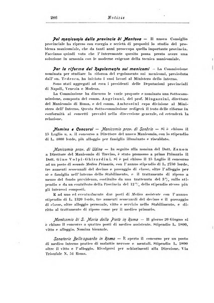 Note e riviste di psichiatria Manicomio provinciale di Pesaro