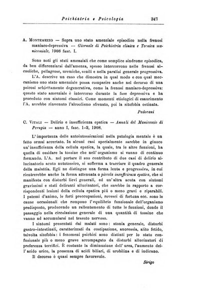 Note e riviste di psichiatria Manicomio provinciale di Pesaro