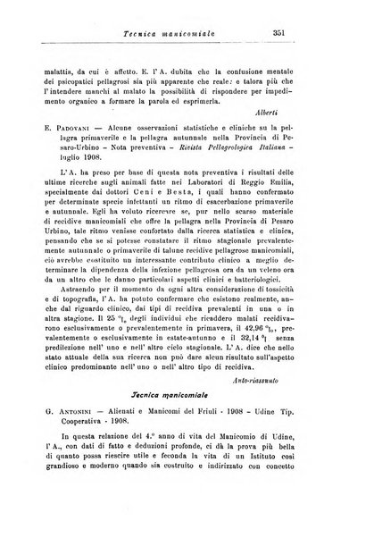 Note e riviste di psichiatria Manicomio provinciale di Pesaro