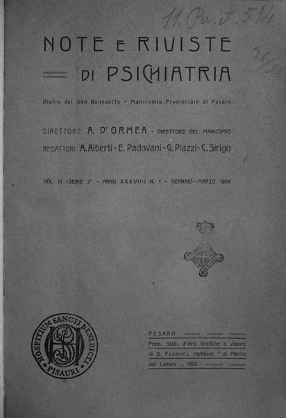 Note e riviste di psichiatria Manicomio provinciale di Pesaro