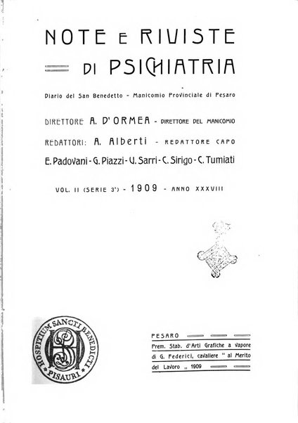 Note e riviste di psichiatria Manicomio provinciale di Pesaro