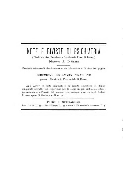 Note e riviste di psichiatria Manicomio provinciale di Pesaro