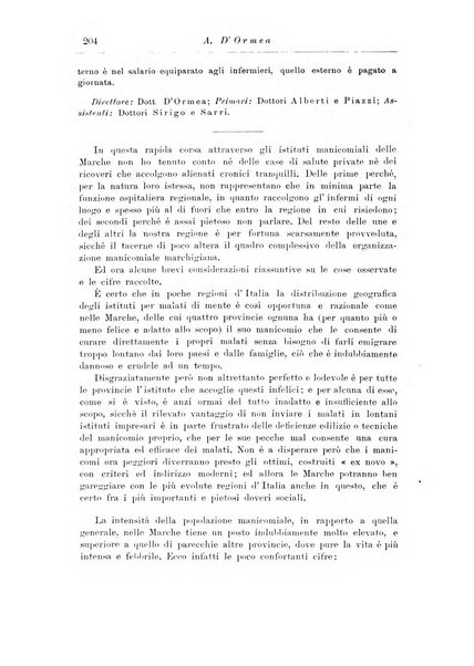 Note e riviste di psichiatria Manicomio provinciale di Pesaro